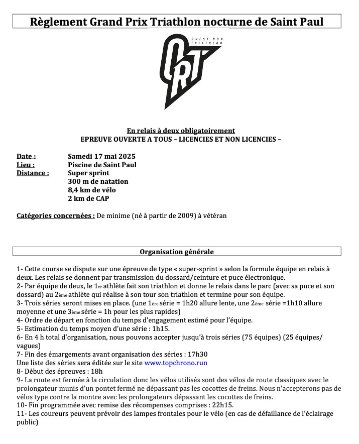 REGLEMENT Triathlon Nocturne St Paul 2025 ORT