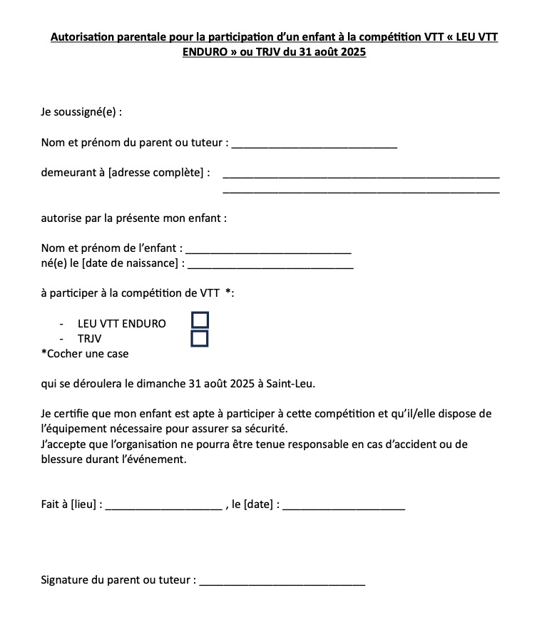 Autorisation parentale LEU VTT ENDURO